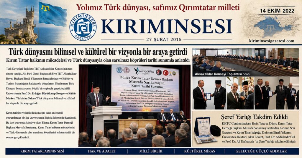 Dünya Kırım Tatar Derneği Başkanı Mustafa Sarıkamış tarafından, Kuzey Kıbrıs Türk Cumhuriyeti (KKTC) Cumhurbaşkanı Ersin Tatar’a Kırım'ın Sesi Gazetesi ve geleneksel Kırım Tatar kalpağı takdim etti.