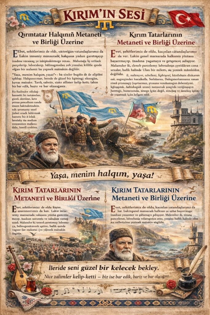 Yaşa, menim halqım, yaşa!
İleride seni güzel bir kelecek bekley.
Nice zalimler kelip ketti — biz bar edik, barız ve bar olacaqmız.

Tarih şahittir: Qırımtatar halqı defalarca imtihanlardan keçti. Amma her defasında metanet, birlik ve ümüt ile ayağa turdı.