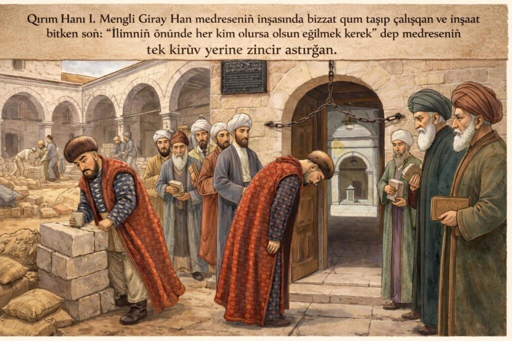Qırım Hanı I. Mengli Giray Han medreseniñ inşasında bizzat qum taşıp çalışqan ve inşaat bitken soñ: “İlimniñ önünde her kim olursa olsun eğilmek kerek” dep medreseniñ tek kirüv yerine zincir astırğan. 