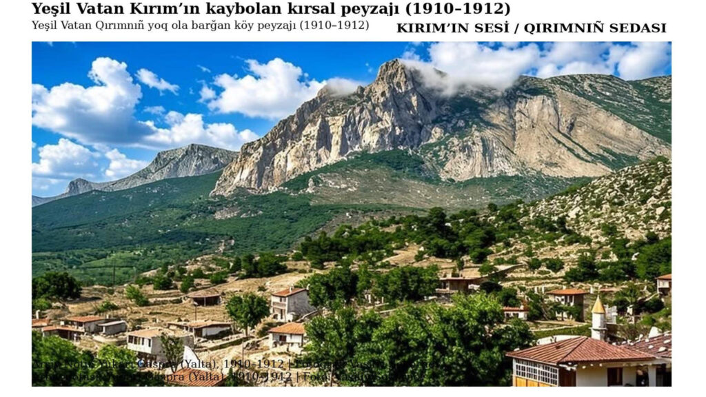 Fotoğraf karesinde, sarp dağ silsilesinin eteklerine kademeli biçimde yerleşmiş evler, dar köy yolları ve yoğun ağaç örtüsü dikkat çekmektedir. Bu görünüm, Yeşil Vatan Kırım olarak anılan yarımadanın doğal zenginliğini ve insan ile tabiat arasındaki dengeli ilişkiyi açık biçimde ortaya koymaktadır.