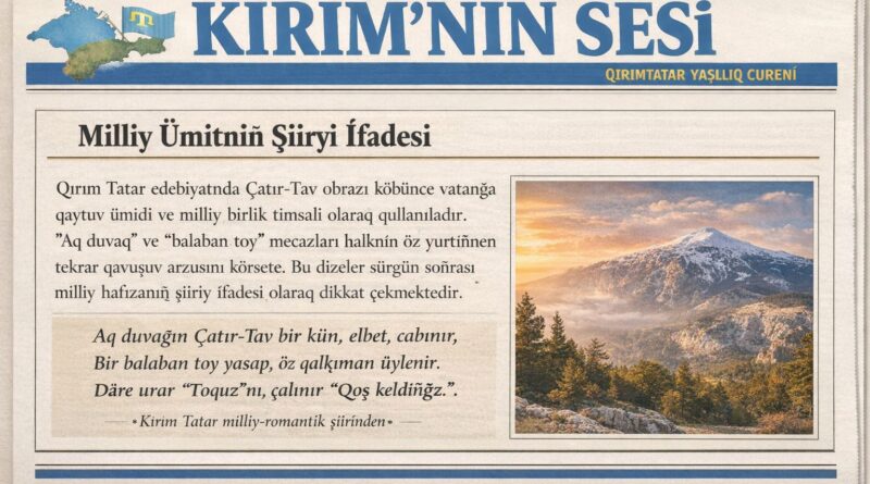 çatır tav - Aq duvağın Çatır-Tav bir kün, elbet, cabınır, Bir balaban toy yasap, öz qalqıman üylenir. Däre urar “Toquz”nı, çalınır “Qoş keldiñiz”