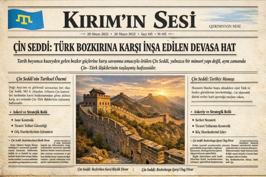 Bugün Çin Seddi dünya medeniyet mirasınıñ eñ tanılğan simvollarından biri olaraq qabul etile ve her yıl milyonlarca ziyaretçi çekmekte. Türk Bozkırına Karşı İnşa Edilen Devasa Hat Tarih boyunca kuzeyden gelen bozkır güçlerine karşı savunma amacıyla örülen Çin Seddi, yalnızca bir mimari yapı değil, aynı zamanda Çin Türk ilişkilerinin taşlaşmış hafızasıdır.