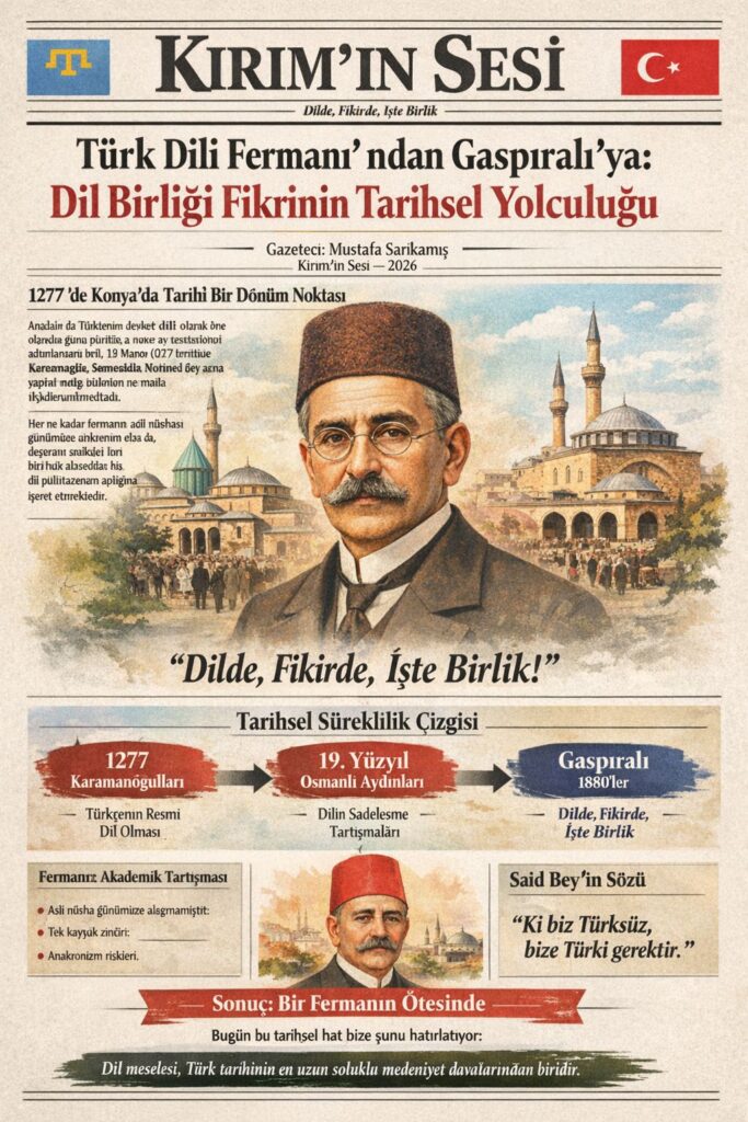 19. yüzyıl sonlarında Kırım Tatar aydını İsmail Bey Gaspıralı, dil meselesini bütün Türk dünyasını kapsayan bir programa dönüştürdü. Ünlü şiarı: “Dilde, Fikirde, İşte Birlik” Türk dil bilincinin en sistemli ifadesi olarak kabul edilmektedir.