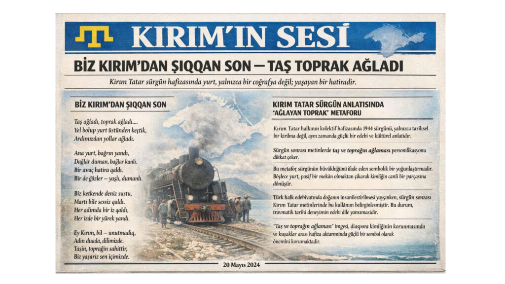 “Taşın ve toprağın ağlaması” metaforu, sürgünün büyüklüğünü anlatmak için kullanılan hiperbolik fakat anlam yüklü bir anlatım biçimidir. Bu söylem, yalnızca insanların değil, vatanın kendisinin de acıya ortak olduğu düşüncesini yansıtır. Böylece coğrafya, pasif bir mekân olmaktan çıkarak kimliğin ve aidiyetin canlı bir bileşeni hâline gelir.