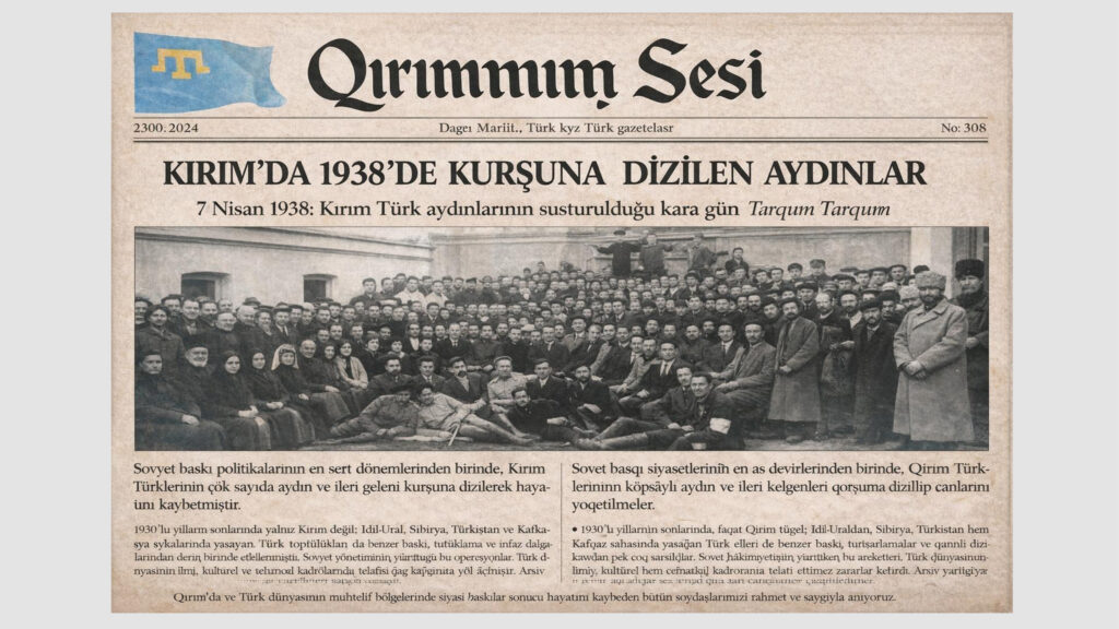 KIRIM’DA 1938’DE KURŞUNA DİZİLEN AYDINLAR 7 Nisan 1938: Kırım Türk aydınlarının susturulduğu kara gün: Yakub Ablamitov, Yakub Azizov, Hasan Sabri Ayvazov, Osman Akçoraklı, Ramazan Aleksandroviç, Ali Asanov, Yahya Bayraşevski, Hüseyin Badaninski, Zafer Gafarov, Kerim Cemaledinov, İbraim İsmailov, Abdulla Latifzade, Fevzi Musaniyev, Yakub Musanif, Mamut Nedim, İlyas Tarhan, Server Turupçu, Seyit-Celil Hattatov , Bilal Çagar, Bekir Sıtkı Çobanzade,