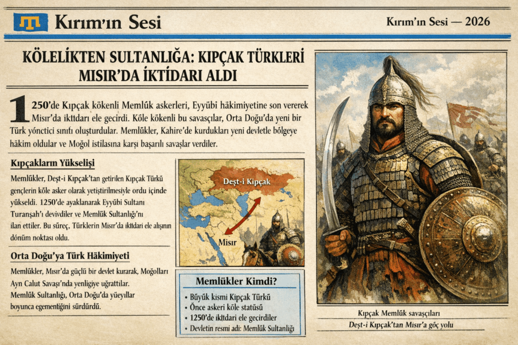 13. yüzyılda Karadeniz’in kuzey bozkırlarından getirilen Kıpçak Türkleri, Mısır ve Suriye’de askerî köle (memlûk) olarak yetiştirildi. Özellikle Eyyûbîler Devleti döneminde ordu içinde önemli bir güç hâline gelen bu Türk unsurlar, kısa sürede siyasî dengeleri değiştirdi.