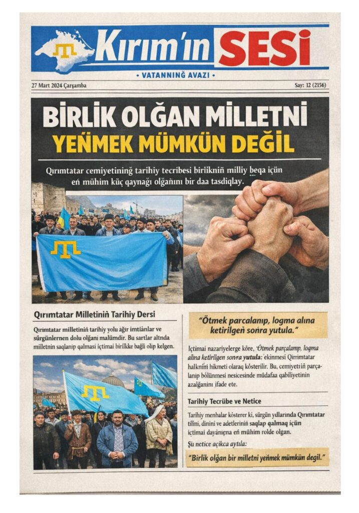 Tarihiy menbalar köstergeni kibi, Qırımtatarlar sürgün yıllarında tilini, dinini ve örf-adetlerini saqlap qalmaq içün cemaat içi dayanışmanı eñ mühim vastalardan biri olaraq qullanğanlar. Bu tarihiy tecribe şu neticeni ortaya qoya: