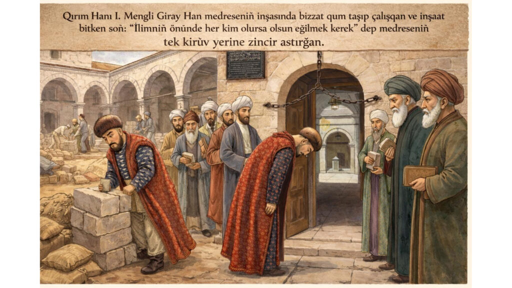 Qırım Hanı I. Mengli Giray Han medreseniñ inşasında bizzat qum taşıp çalışqan ve inşaat bitken soñ: “İlimniñ önünde her kim olursa olsun eğilmek kerek” dep medreseniñ tek kirüv yerine zincir astırğan.