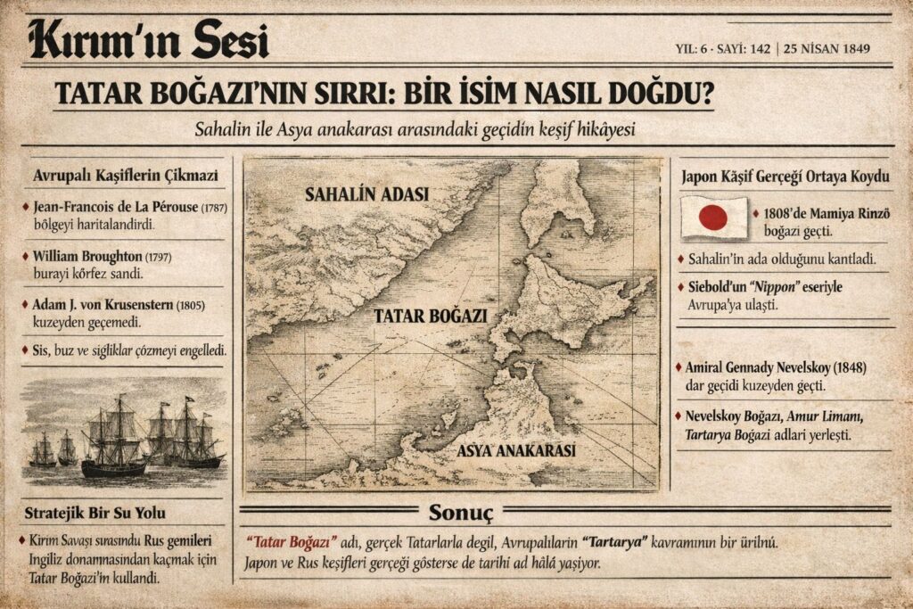 “Tatar Boğazı” adı, bölgede yaşayan gerçek Tatar topluluklarından ziyade erken modern Avrupa’nın geniş “Tartarya” kavramının bir ürünüdür. Japon ve Rus keşifleri coğrafi gerçeği ortaya koymuş olsa da, tarihî adlandırma günümüze kadar yaşamaya devam etmiştir.