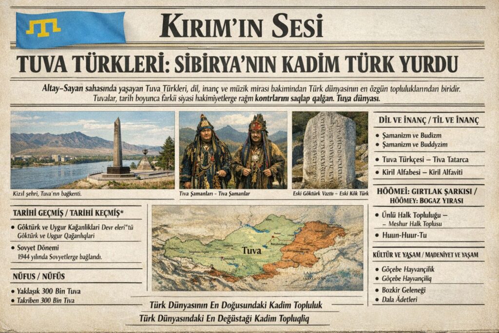 Güney Sibirya’da, Moğolistan’ın kuzeyinde yer alan Tuva Cumhuriyeti, Türk tarih ve kültür coğrafyasının en doğu uçlarından birini teşkil eder. Bölgenin yerli halkı olan Tuva Türkleri (Tıvalar), hem dil özellikleri hem de zengin sözlü kültürleriyle Türkoloji araştırmalarında müstesna bir yere sahiptir. Başkent Kızıl, Tuva’nın siyasi ve kültürel merkezidir.