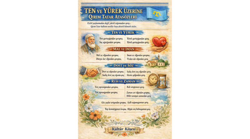 Bu çalışmada, insan hayatının temel değerleri üzerine dört ana başlık ele alınır: Ten ve Yürek, Mal ve İman, Dost ve Söz, Ruh ve Zaman. Her başlığın altında, Qırım Tatar halkının yüzyıllardır aktardığı atasözleri sunulmaktadır. Bu sözler, hem bireysel gelişimi hem de toplumsal ilişkileri yönlendiren evrensel mesajlar taşır.