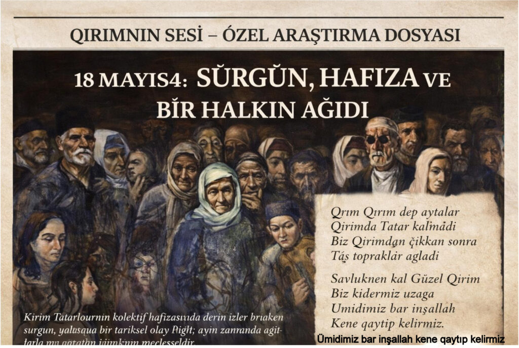 18 Mayıs 1944 sabahı, Stalin rejimi tarafından Kırım Tatarları birkaç saat içinde tren vagonlarına doldurularak Orta Asya ve Sibirya'ya sürülmüştür. 