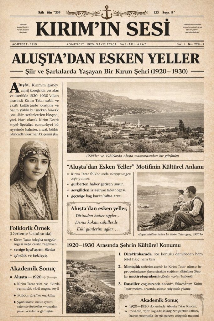Aluşta: Kırım Tatar şiir ve türkülerinde romantik sahil imgesinin çekim merkezlerinden biri olmuş, “Aluşta’dan esken yeller” motifiyle kolektif hafızada duygusal sürekliliğin sembolüne dönüşmüş, Sovyetleşme sürecine rağmen folklorik görünürlüğünü koruyan nadir güney sahil şehirlerinden biri olarak kayda geçmiştir