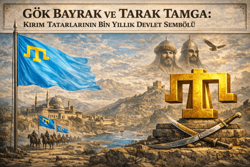 Kırım Tatar bayrağı, mavi zemin üzerine sarı renkli "Tarak Tamga"dan oluşur. Mavi renk, Türk kültürü ve İslam inancında göğü, kutsallığı ve adaleti temsil eder. Sarı Tarak Tamga ise Kırım Hanlığı'nın yönetim yapısını (Han, Kalgay, Nureddin) ve adaleti simgeler. Bu bayrak, 1917'de kabul edilen, milli birliği ve vatanı simgeleyen köklü bir sembol