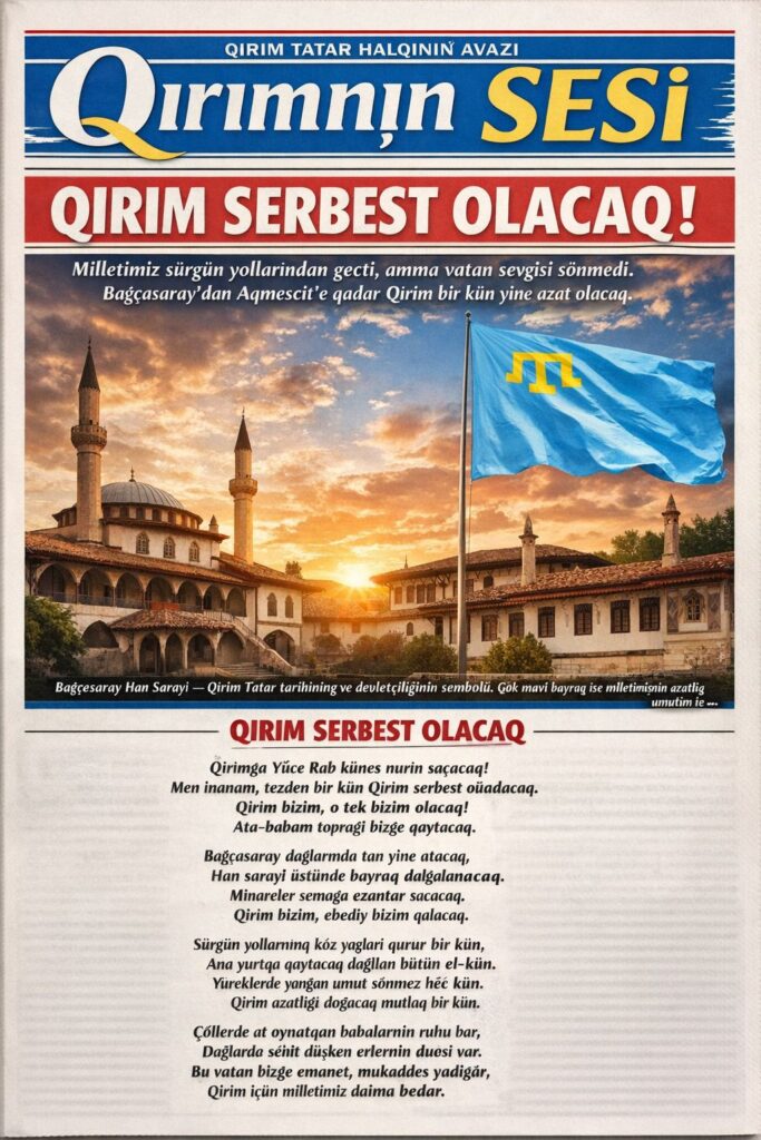 Qırım Serbest Olacaq Bu dizeler Kırım Tatarları arasında çok bilinen millî ümit şiirlerinden biridir. Genellikle toplantılarda, anma günlerinde veya sürgünle ilgili programlarda okunur. Ancak çoğu zaman tam bir klasik şiir metni şeklinde değil, halk arasında dolaşan ve zamanla farklı şekillerde söylenen bir metindir. Bu yüzden birkaç farklı devamı bulunmaktadır