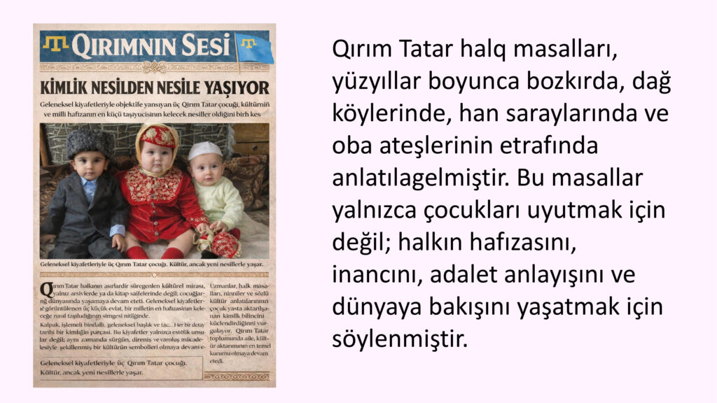 Qırım Tatar halq masalları, yüzyıllar boyunca bozkırda, dağ köylerinde, han saraylarında ve oba ateşlerinin etrafında anlatılagelmiştir. Bu masallar yalnızca çocukları uyutmak için değil; halkın hafızasını, inancını, adalet anlayışını ve dünyaya bakışını yaşatmak için söylenmiştir. Her masalda bir öğüt, her kahramanda bir cesaret, her düşmanda bir sınav vardır.