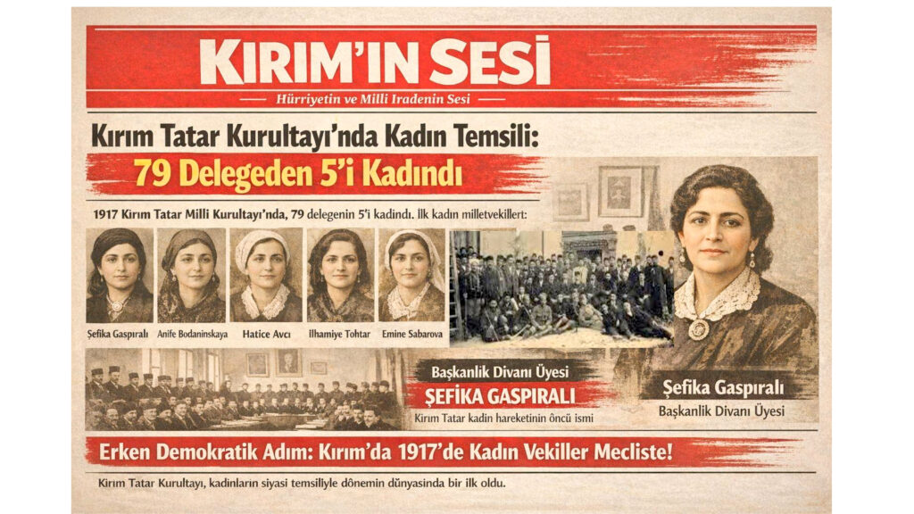 9 Aralık 1917’de Bahçesaray, Hansaray’da Kırım Tatar halkının Birinci Kurultayı açıldı. 5’i kadın olmak üzere 79 Kırım Tatarı Kurultay delegesi seçildi. 79 delegeden 5’i kadındı; Şefika Gaspıralı Başkanlık Divanı’nda görev aldı. Kadınların siyasi temsili, dönemin dünyasında bir ilk oldu. 79 Kurultay delegesinden 5’i kadın: Şefika Gasprinskaya, Anife Bodaninskaya, Hatice Avcı, İlhamiye Tohtar, Emine Sabarova,