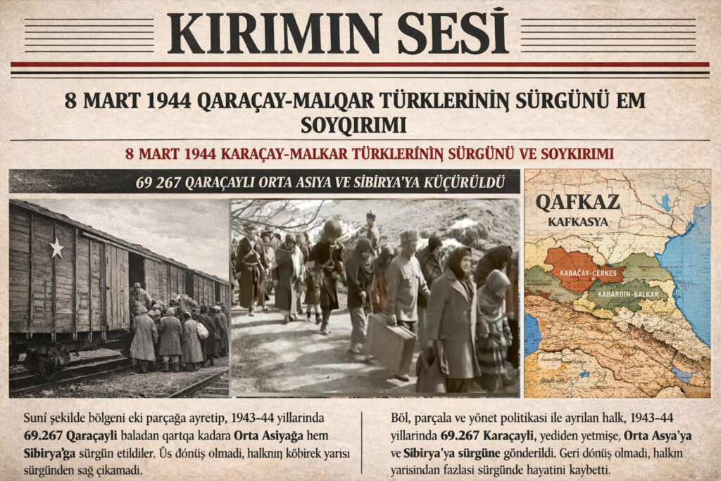  8 mart 1944 – Qaraçay-Malqar halqınıñ tarihinde eki qara kün. Urus, basqınlar hem azatlıq küreşi bilen tolu tarihqa iye bolğan bu halq Orta Qafqaznıñ biik tawları hem tereñ daryalıqları arasında yüz yıllar boyu yaşap kelgen edi.