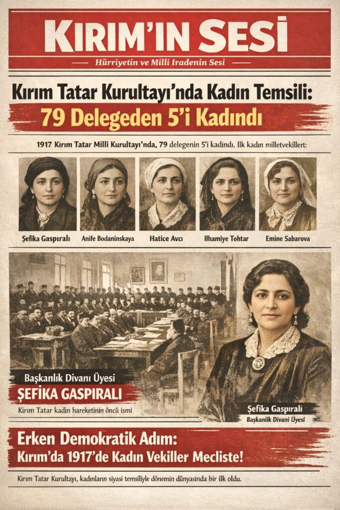 9 Aralık 1917’de Bahçesaray, Hansaray’da Kırım Tatar halkının Birinci Kurultayı açıldı. 5’i kadın olmak üzere 79 Kırım Tatarı Kurultay delegesi seçildi.