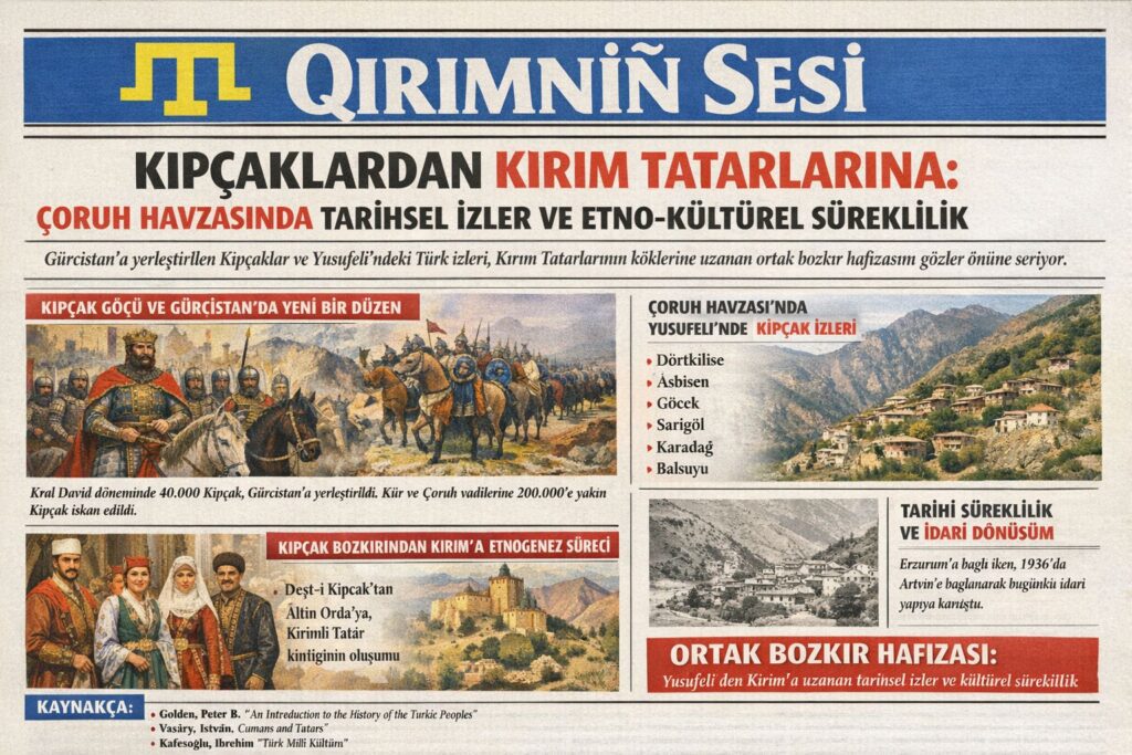 Kırım Tatarlarının etnogenezi de büyük ölçüde bu Kıpçak mirasına dayanmaktadır. Kırım yarımadasında şekillenen Kırım Tatar kimliği, Kıpçak, Oğuz ve yerel unsurların birleşimiyle ortaya çıkmıştır. Bu bağlamda Yusufeli ve çevresine yerleşen Kıpçakların, doğrudan Kırım Tatarlarının ataları olduğu söylenemese de, aynı büyük tarihsel ve etno-kültürel havzanın parçaları oldukları açıktır.