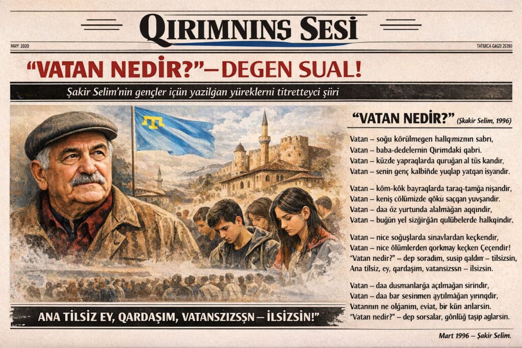 Şakir Selim’in 1996 yılında kaleme aldığı bu yazı, Qırımtatar gençliğine yöneltilmiş bir vicdan sorusu niteliğindedir: Vatan sadece bir toprak mı, yoksa milletin hafızası ve kaderi midir?