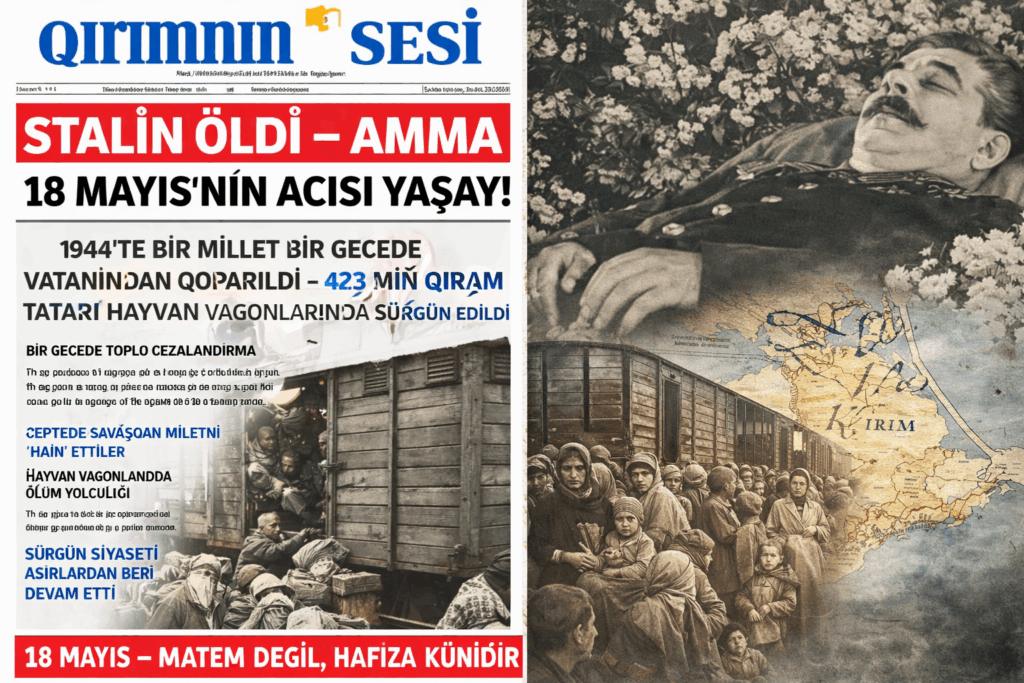 5 Mart 1953 tarihinde Sovyetler Birligi’niñ lideri İosif Stalin öldi. Lâkin onıñ imzasınen qabul etilgen 18 Mayıs 1944 sürgüni, Qırım Tatar halqınıñ tarihine qan ve gözyaşınen yazıldı. Diktator ölse de, sürgünniñ yarası milletniñ yüreginde yaşamaqta devam ete.