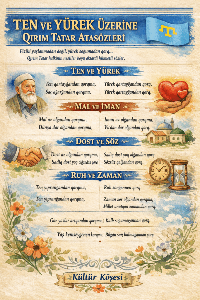 Kırım Tatar kültüründe atasözlerinin yeri ve önemini akademik bir perspektiften sunmak ve bu özlü ifadelerin modern hayatta da geçerliliğini göstermektir. “Fizikî yaşlanmadan değil, yürek soğumadan kork… Kırım Tatar halkının nesiller boyu aktardığı hikmetli sözler