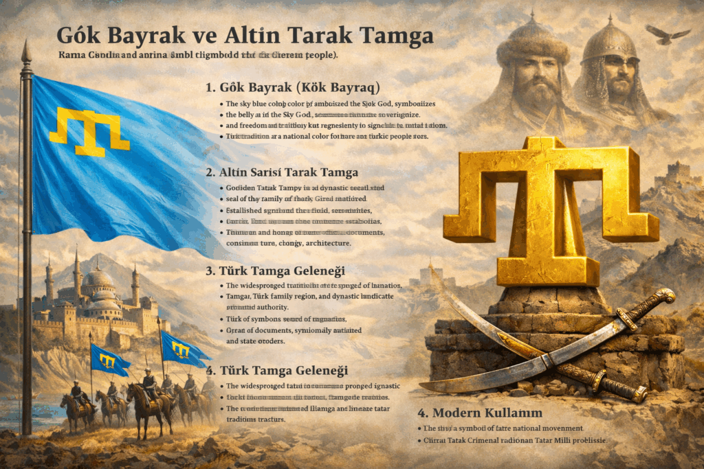 Bugün bu bayrak: Kırım Tatar millî hareketinin sembolüdür Kırım Tatar Milli Meclisi tarafından da resmî sembol olarak kullanılmaktadır Türk–Kafkas tarihindeki tamga (damga) geleneği ile Kırım Tatarlarının tarak tamgası arasında ilginç benzerlikler vardır. Bu konu özellikle Türk boylarının ortak sembol sistemi açısından önemlidir.