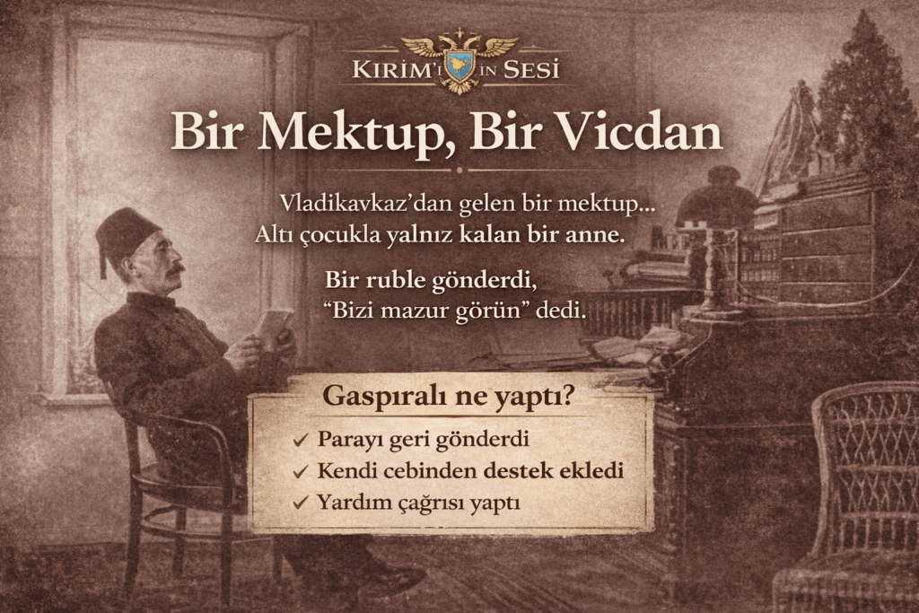 Kırım Tatar aydın geleneğinde yalnızca fikir üretmenin değil, insana dokunmanın ve sorumluluk almanın da esas olduğunu hatırlatmaktadır. İsmail Gaspıralı’nın bu asil davranışı, onun sadece bir fikir adamı değil, aynı zamanda derin bir merhamet ve toplumsal sorumluluk sahibi bir lider olduğunu kanıtlıyor. "Dilde, fikirde, işte birlik" ilkesini sadece siyasi bir hedef olarak değil, Türk dünyasının her ferdine uzanan bir dayanışma köprüsü olarak bizzat yaşatmıştır.