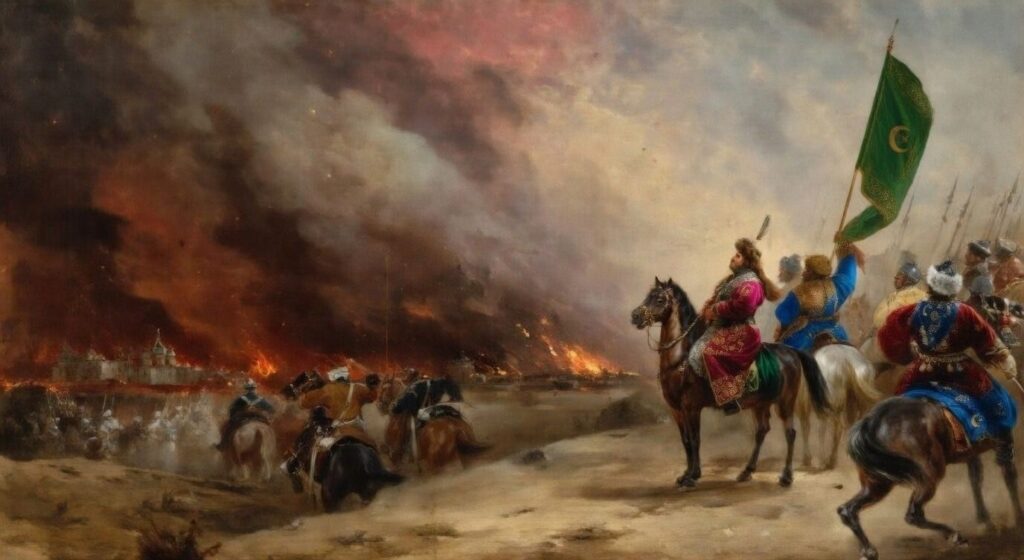 1551 senesinde tahtqa oturğan I. Devlet Geray Han, 1571-de büyük bir sefernen Mosqovanı qatladı ve qabaatlılarnı cezalandırıp şeerni yaqtı. Çerkesler, Noğaylar, Qıpçaqlar, kibi tatar tamırlı halqlardan ibaret muazzam ordusunen Ruslarnı tize çöktürdi. 