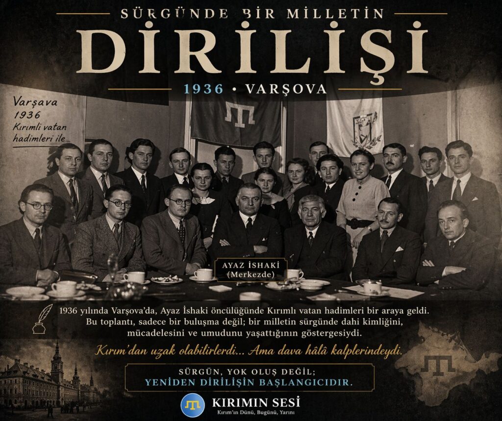 Varşova 1936 Kırım Tatar aydın çevresi Fotoğrafta yer alan kişi, Ayaz İshaki, 20. yüzyılın en önemli Bu karede merkezde oturan kişi Ayaz İshaki. Etrafında ise dönemin Kırım Tatar ve Türk dünyasıyla bağlantılı aydınları bulunuyor.