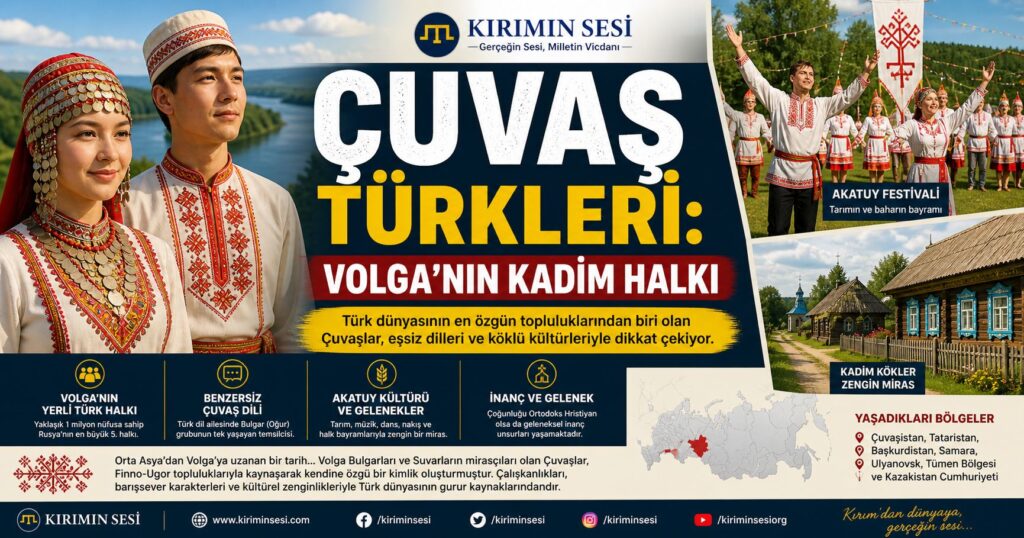 Türk dünyasının en özgün topluluklarından biri olan Çuvaşlar, eşsiz dilleri ve köklü kültürleriyle dikkat çekiyor. Volga’nın yerli Türk halkı Benzersiz Çuvaş dili Akatuy kültürü ve gelenekler 1 milyona yakın nüfus