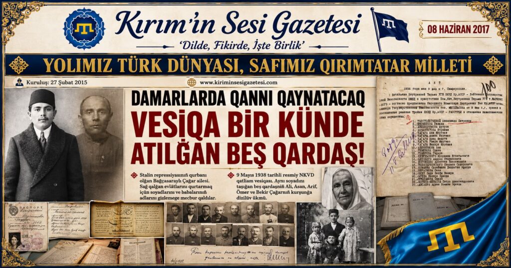 9 Mayıs 1938 tarihli resmiy NKVD qatliam vesiqası. Aynı soyadını taşığan beş qardaşnıñ Ali, Asan, Arif, Ömer ve Bekir Çağarnıñ kurşunğa dizilüv ükmü.